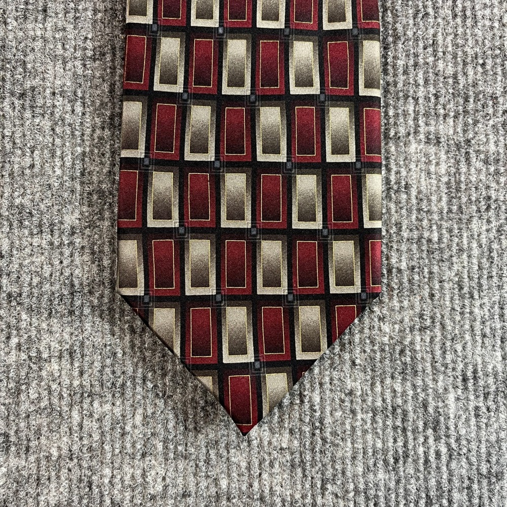 Bergamo New York Mens Silk Tie Burgundy Gold Geometric Handmade Rectangle Tie